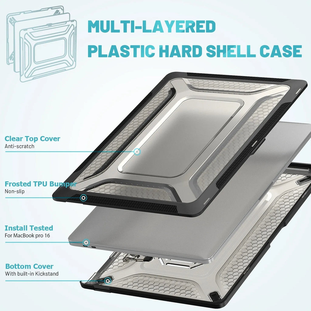 MacBook hard shell protective case in four colours: black, grey, apricot, and blue, shown on a laptop.