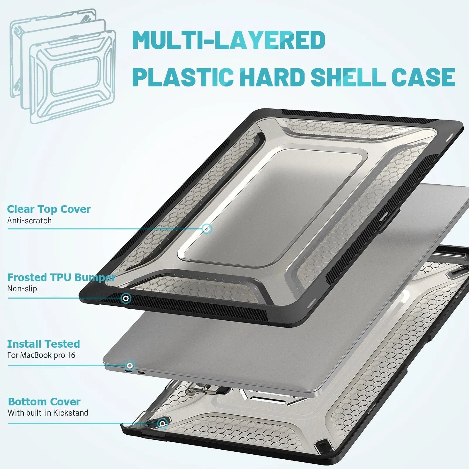 MacBook hard shell protective case in four colours: black, grey, apricot, and blue, shown on a laptop.