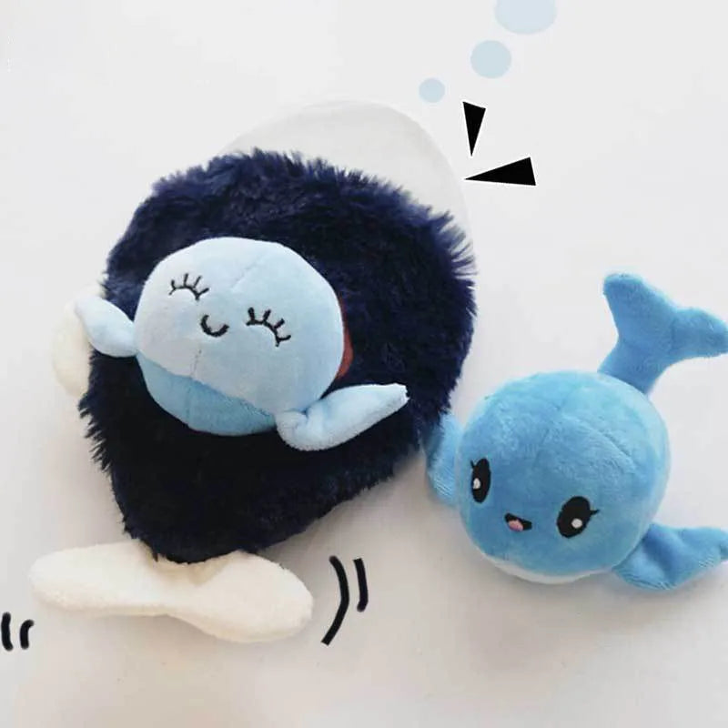 Blue plush dog toy with sound feature and hidden food pocket for treats, chewable boredom relief tool.