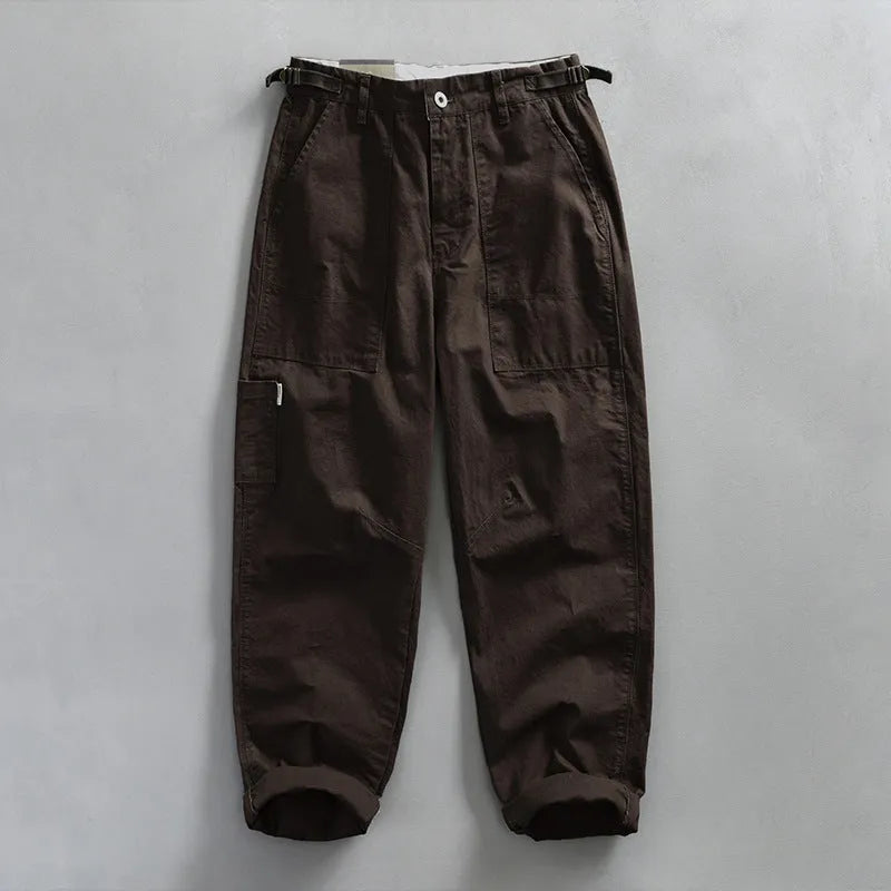 Men's straight leg cotton work trousers in apricot, brown and army green colours for spring and autumn wear