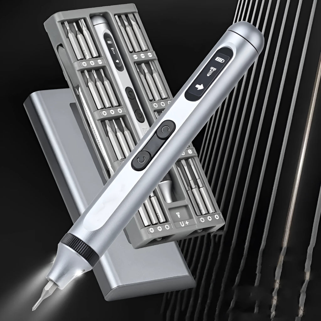 Compact aluminium electric screwdriver showing precision tip and lightweight 52g construction