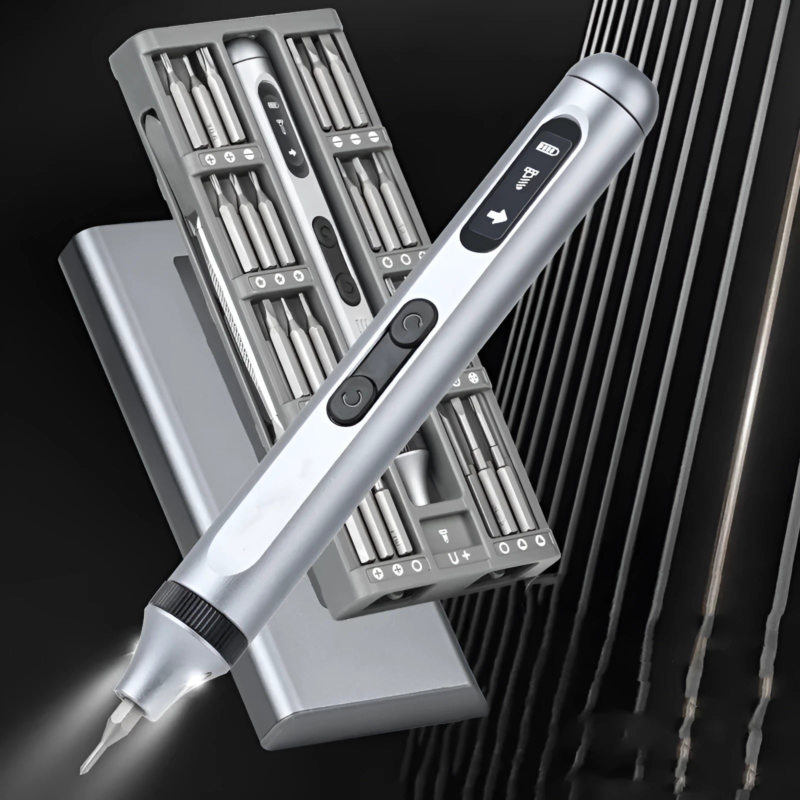 Compact aluminium electric screwdriver showing precision tip and lightweight 52g construction