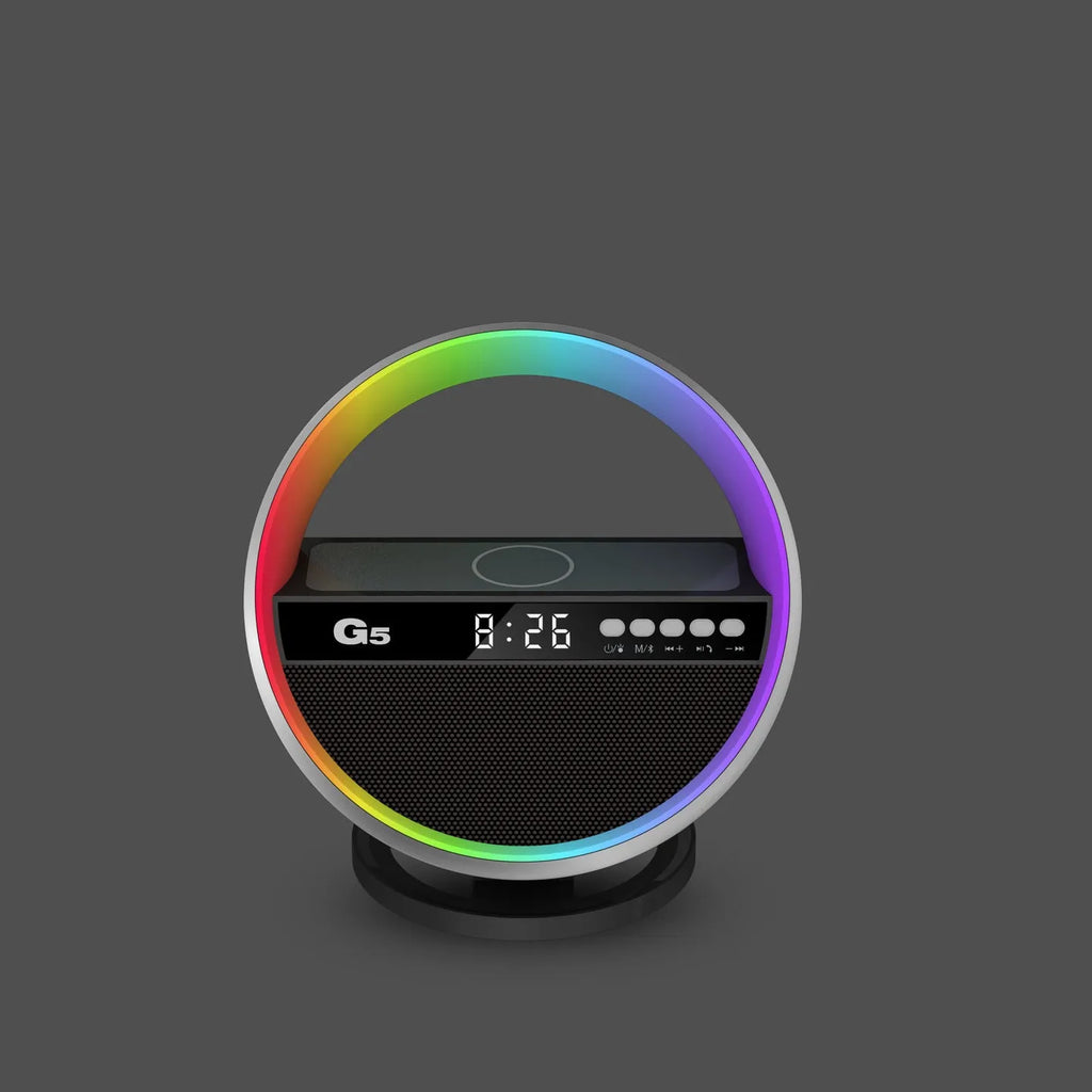 White multifunction RGB night light wireless charger and Bluetooth-compatible speaker, 95x95x126mm, USB powered