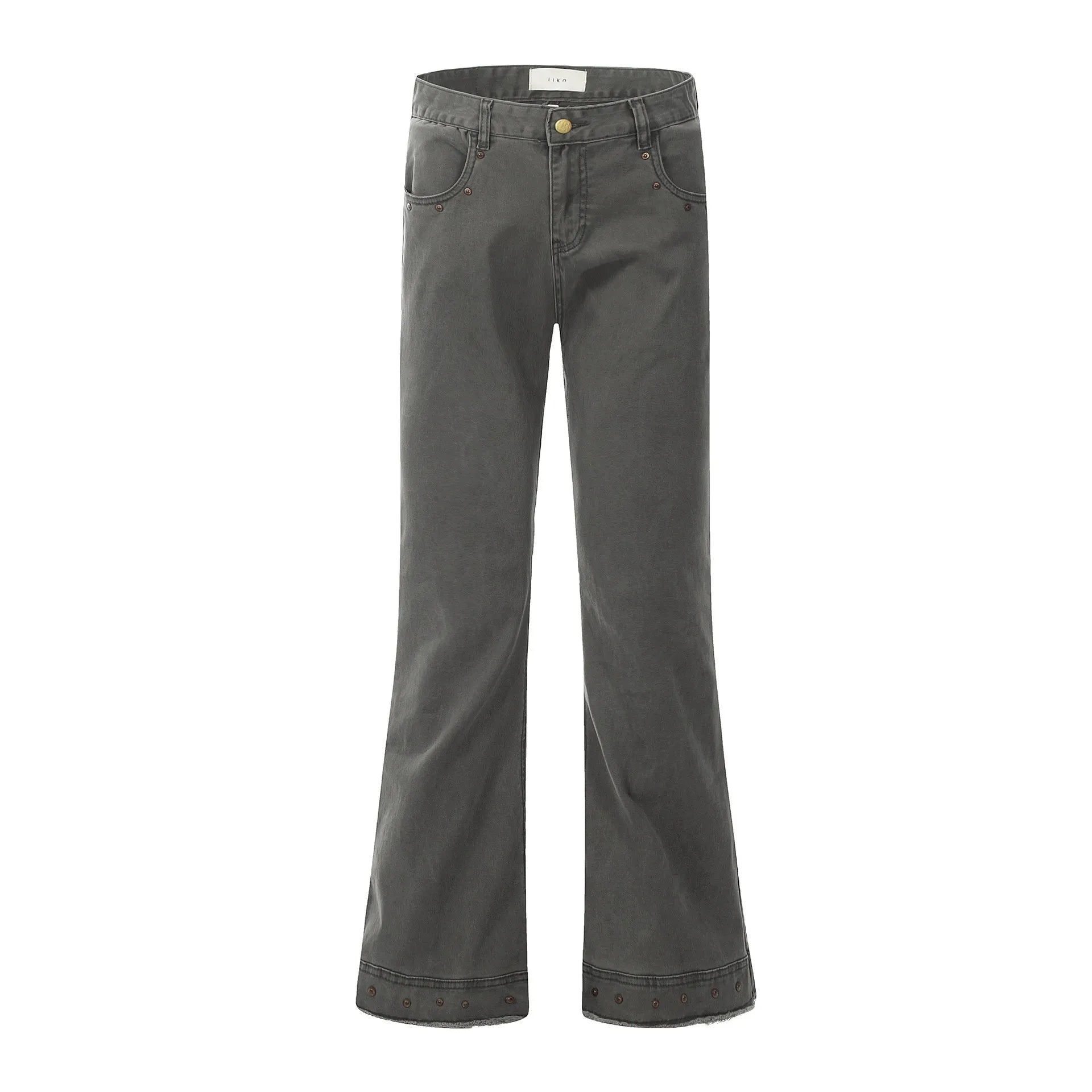 Straight-leg cotton jeans on a hanger, showing mid-waist fit, zipper fly, and horn-style leg opening.