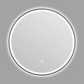 Round black framed LED bathroom mirror mounted on wall with dimmable lights.