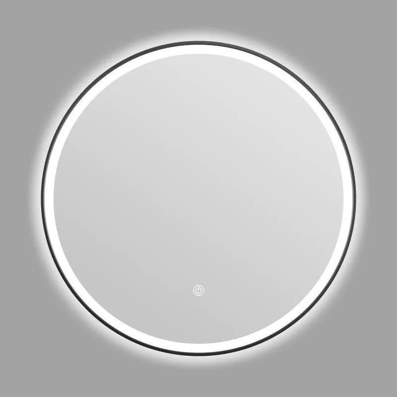 Round black framed LED bathroom mirror mounted on wall with dimmable lights.