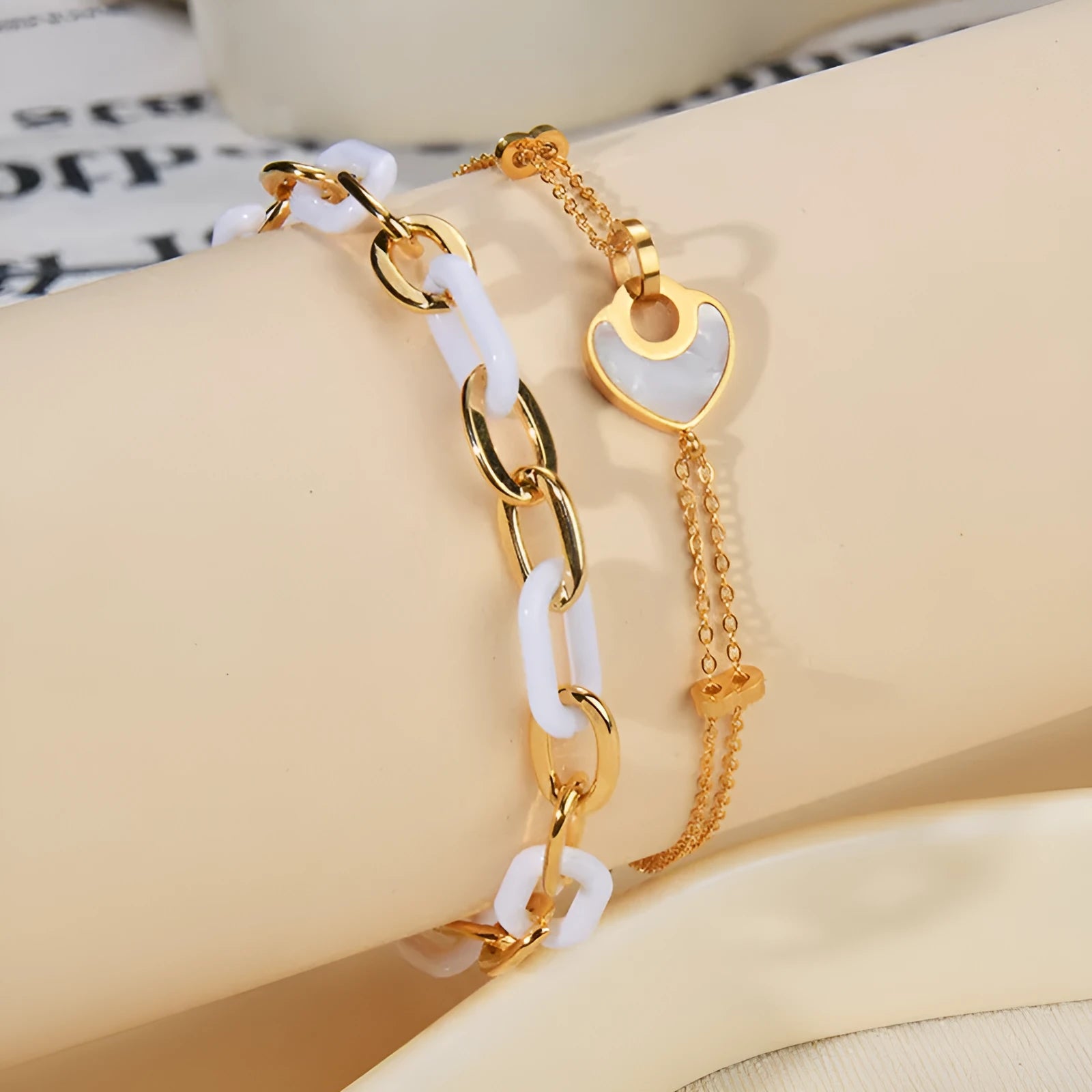 Stainless steel resin bracelet with double layer heart design for women