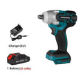21V brushless electric impact wrench hand drill with lithium battery and 12.4mm chuck on workbench