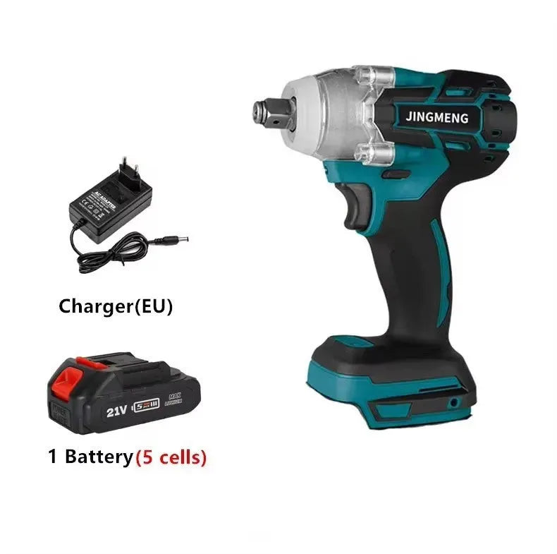 21V brushless electric impact wrench hand drill with lithium battery and 12.4mm chuck on workbench