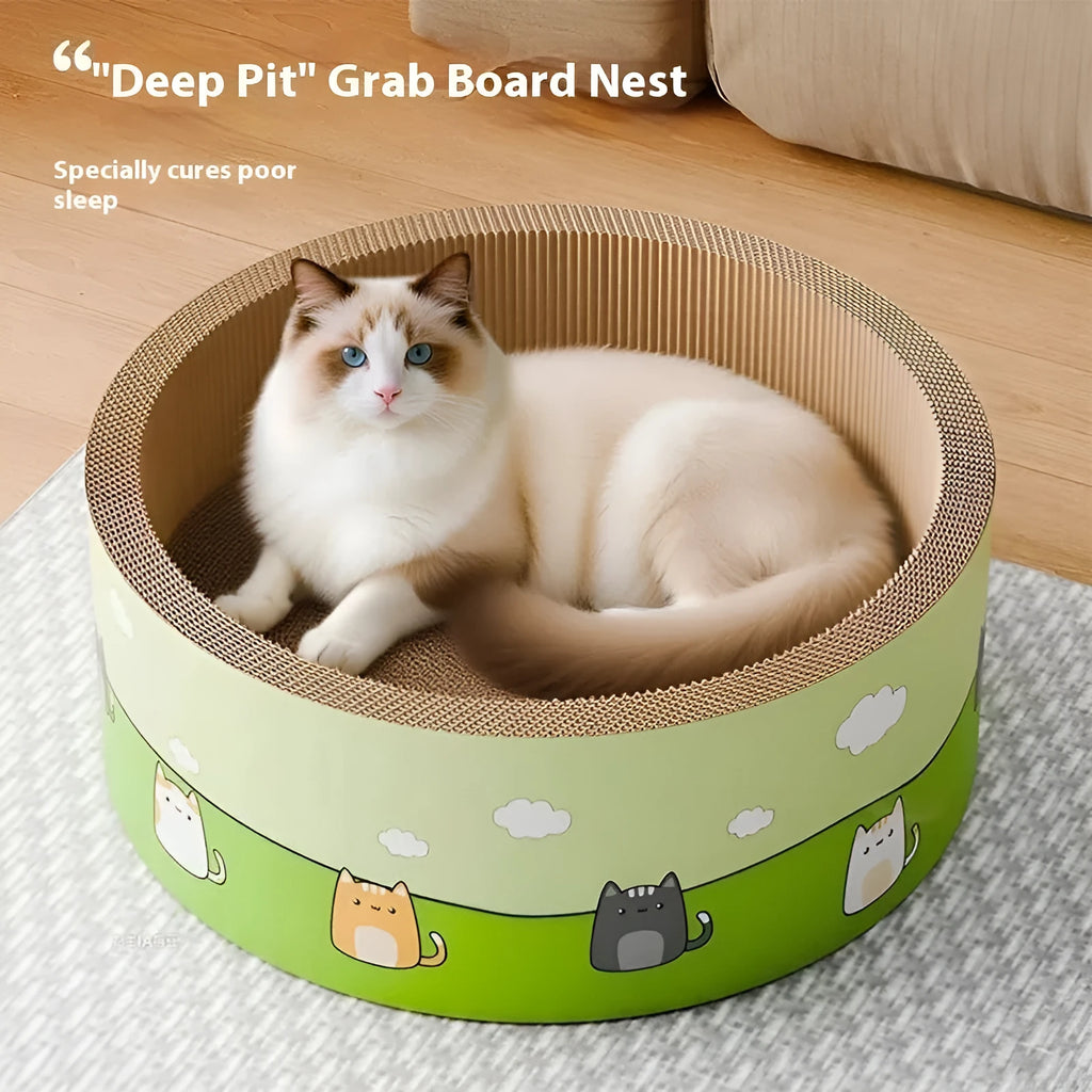 Round deep pit textured cat scratch board made from brown corrugated paper.