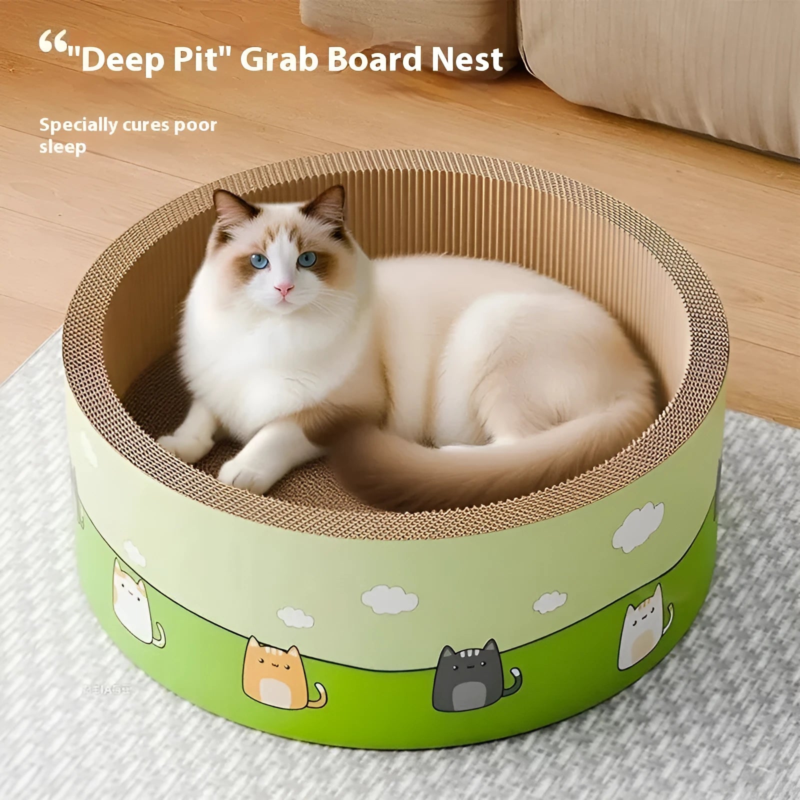 Round deep pit textured cat scratch board made from brown corrugated paper.