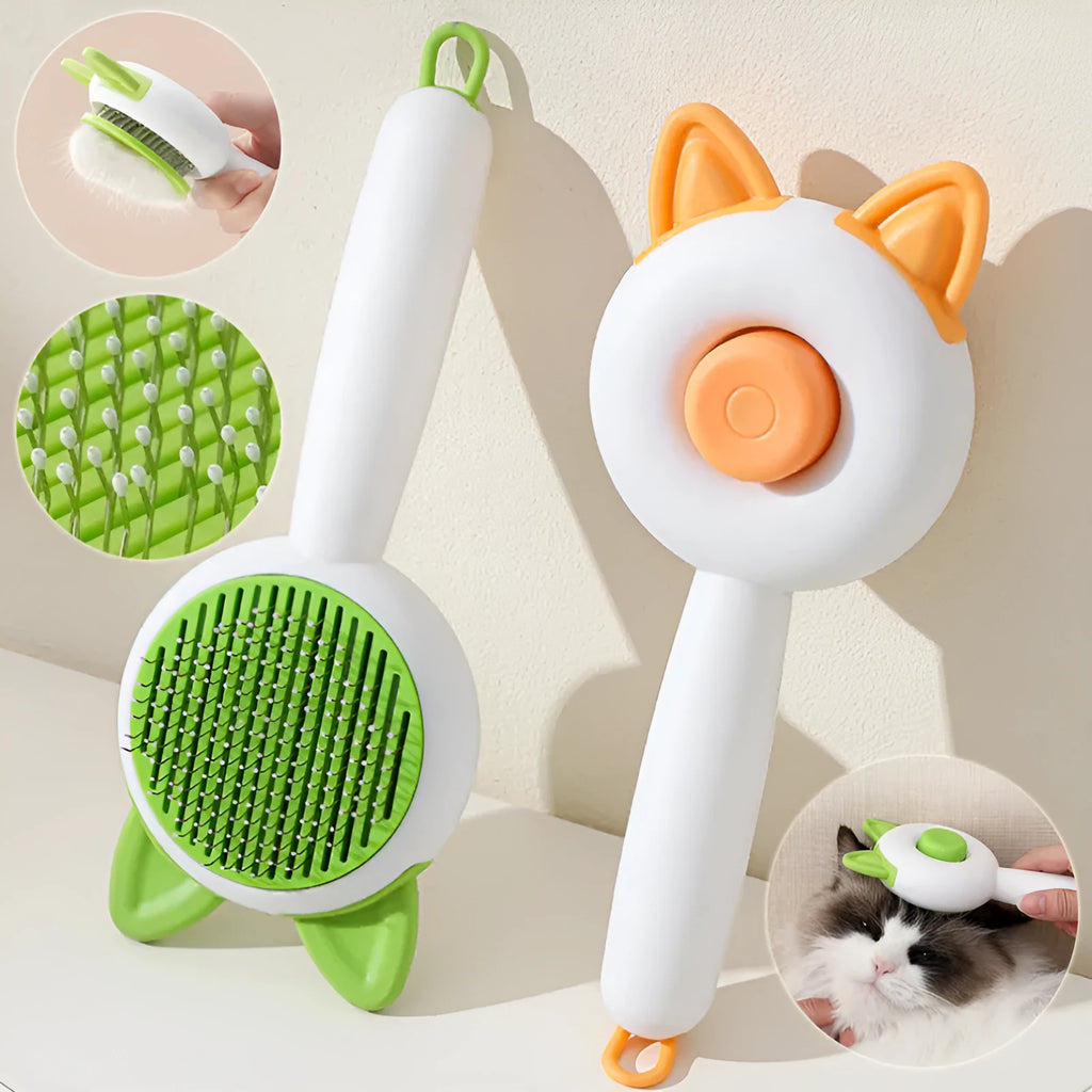Self-cleaning cat grooming comb with stainless steel bristles in greenish white colour