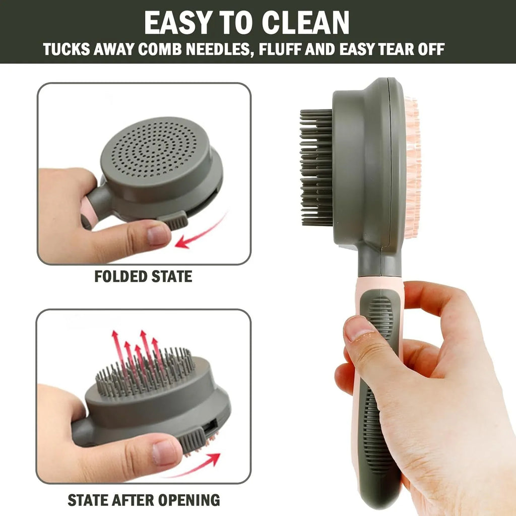 Green and pink double-sided cat brush with release button and included flea comb for pet grooming