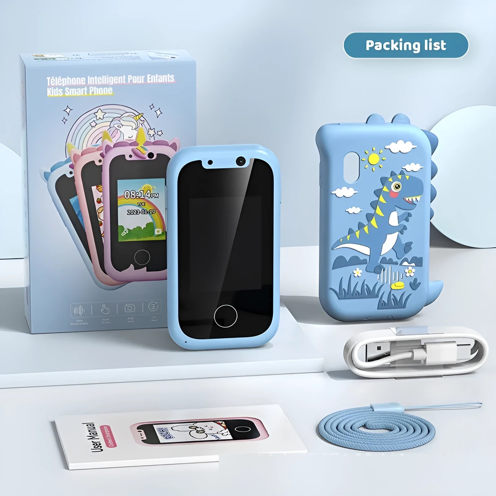 Blue and green silicone-case educational handheld camera for children with touchscreen gaming and photography functions