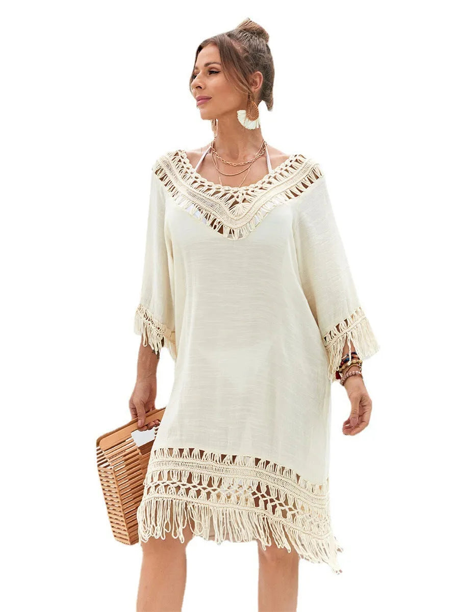 Apricot coloured hand-crocheted beach dress with polyester lining for women's swimming and beach wear