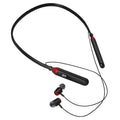 Wireless Bluetooth headset with hanging neck design, battery display, and Bluetooth 5.0 in black and red colours