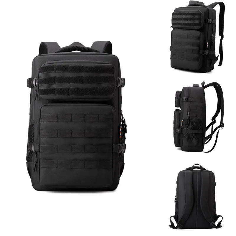 Large outdoor mountaineering backpack in camouflage pattern with curved shoulder straps