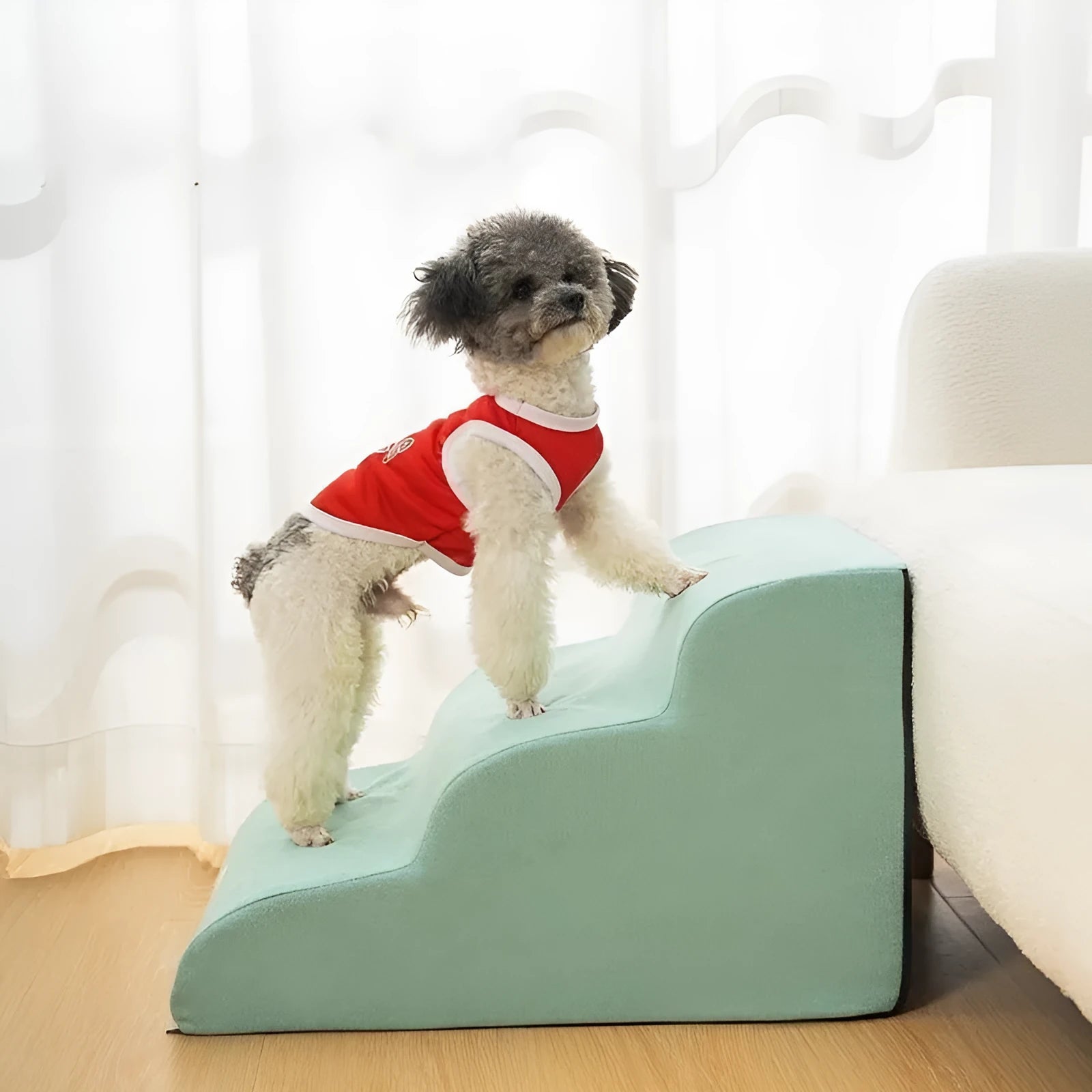 Two-layer khaki pet bed stairs slope for small dogs with wooden frame