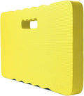 A blue plastic garden kneeler pad on grass, showing its size and cushioned surface for kneeling.