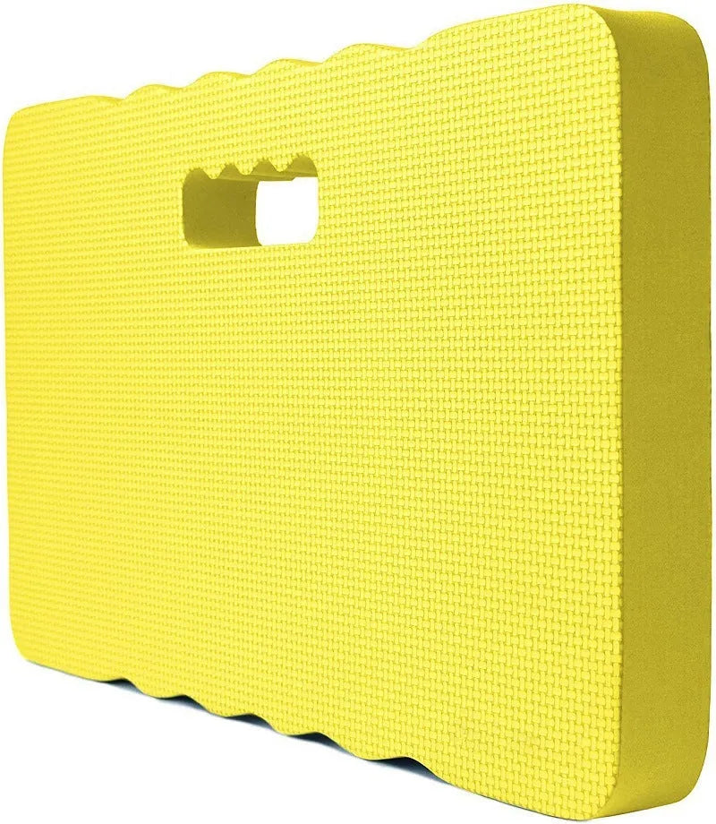 A blue plastic garden kneeler pad on grass, showing its size and cushioned surface for kneeling.