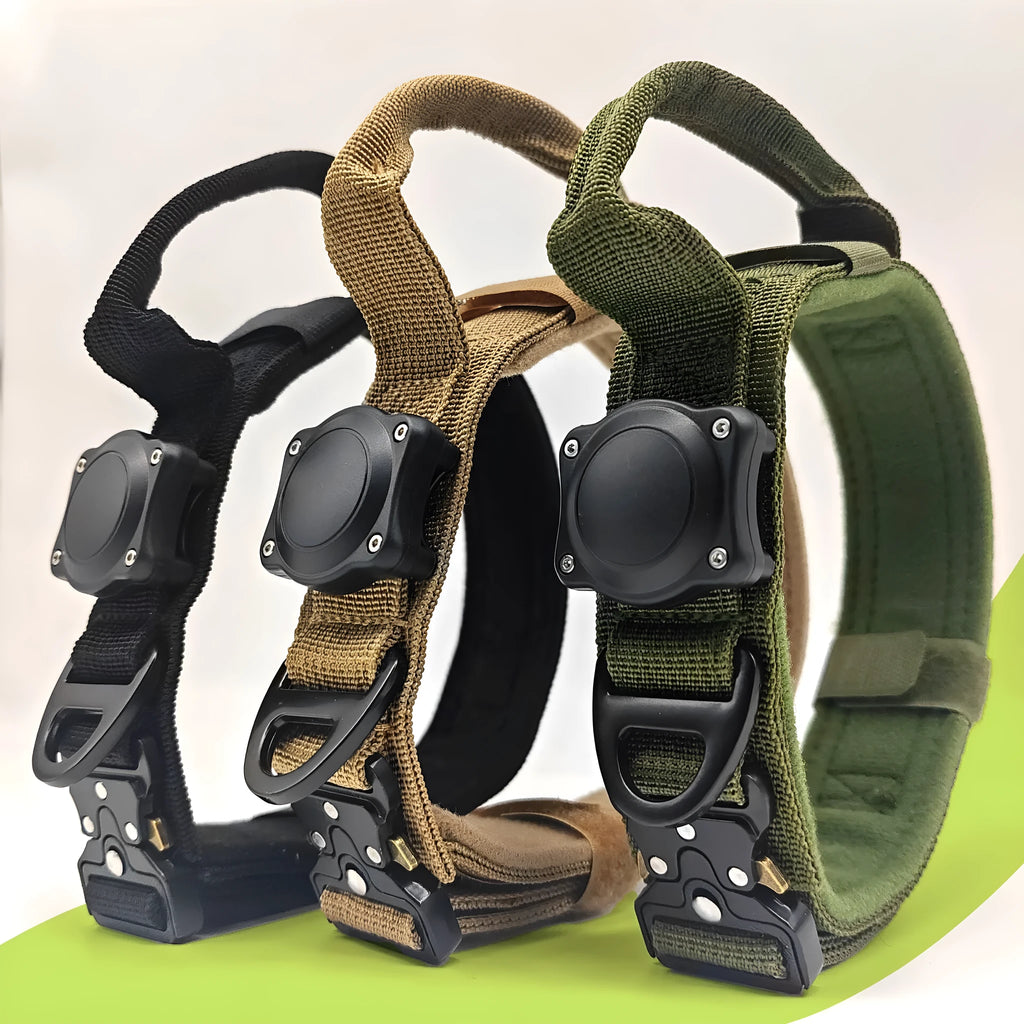 Tactical waterproof dog collar in khaki with a metal D-ring on a grey background.