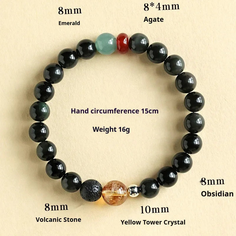 Chinese style obsidian yellow agate jade bracelet showing 8mm and 10mm bead size options.