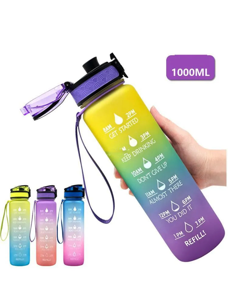 Clear plastic 1000ml sports water bottle with coloured lid and a fruit infuser straw inside.