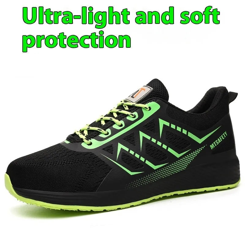 Black lightweight safety shoes with steel toe caps and lace-up front