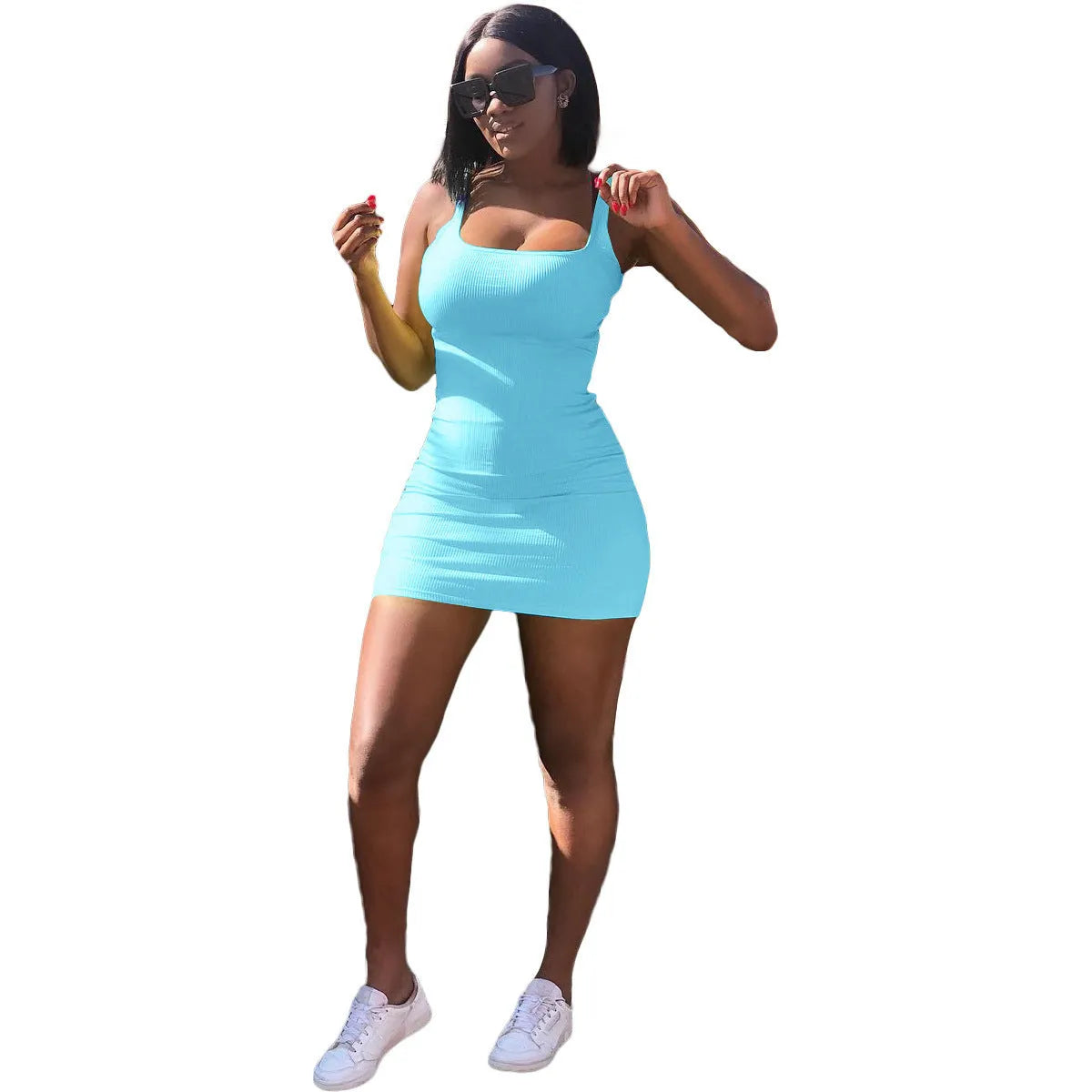 Women's casual slim fit dress with big U-neck, sunken stripe straps, and short skirt.
