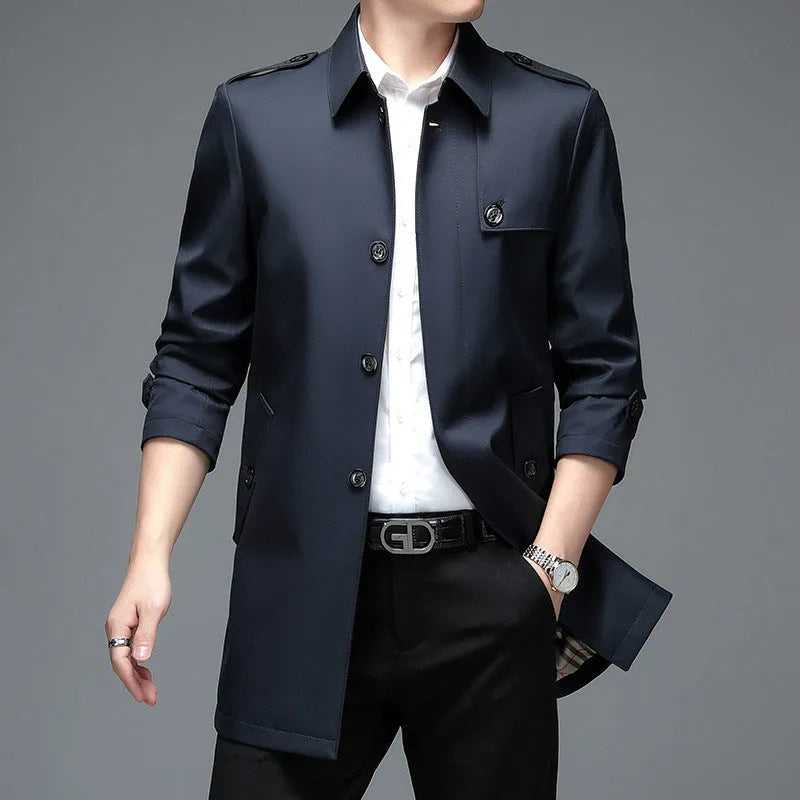 Men's mid-length lapel trench coat in black, shown on a hanger, lightweight chemical fibre blend fabric