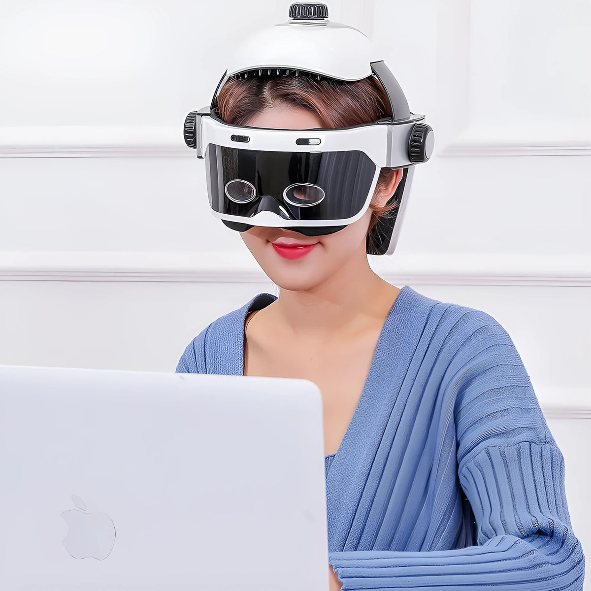 White and black electric eye massager with hot compress, air pressure massage and adjustable size for eye and head massage
