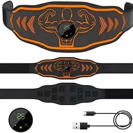 Smart EMS massage fitness belt set with blue host and electrodes on a grey background
