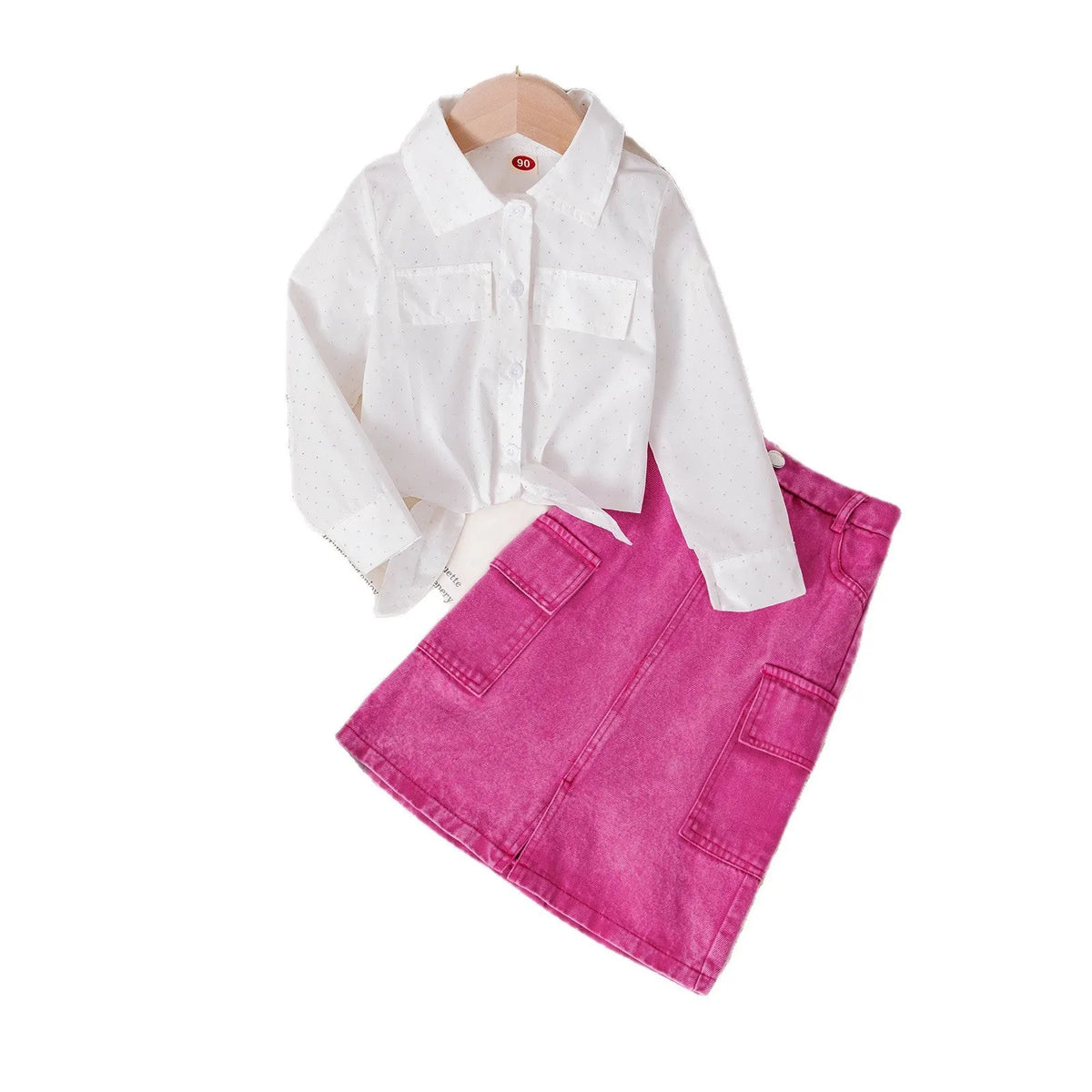 Girls pink cotton knot top and denim shorts set with long sleeves on child model