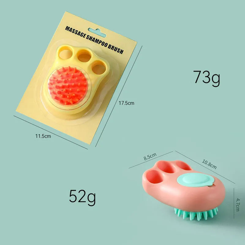Claw-shaped silicone bath brush for dogs and cats in blue, pink, white, or yellow.