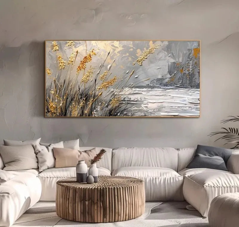 Hand painted abstract landscape oil painting of lake reed beds on canvas, horizontal modern style