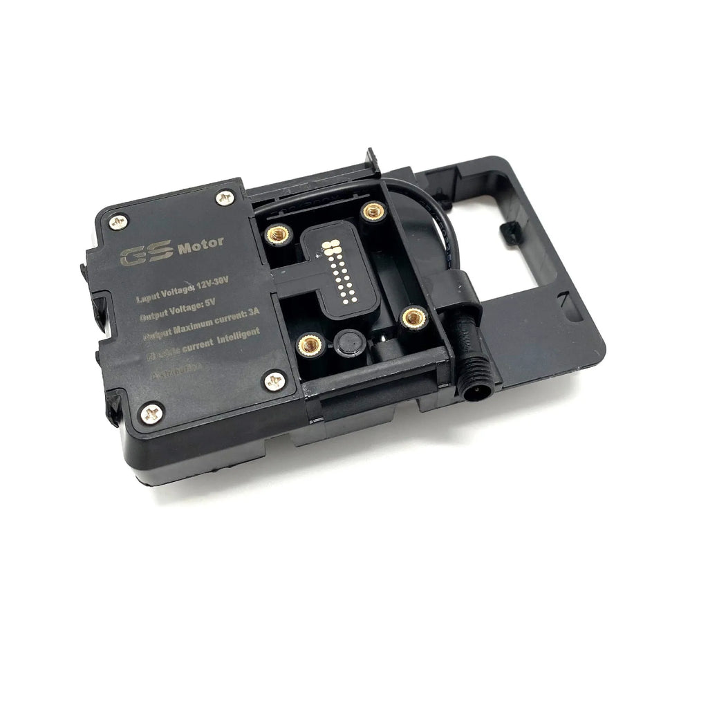 Black ABS plastic motorcycle phone navigation bracket for BMW R1200GS and R1250GS models.