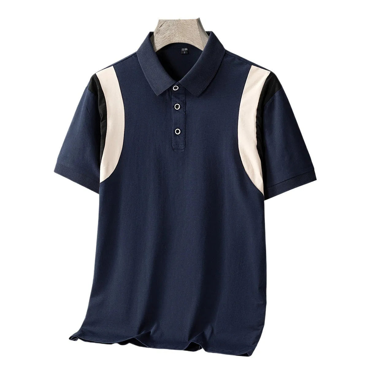 Man wearing a grey lapel-collar short-sleeve cotton T-shirt with a striped pattern.
