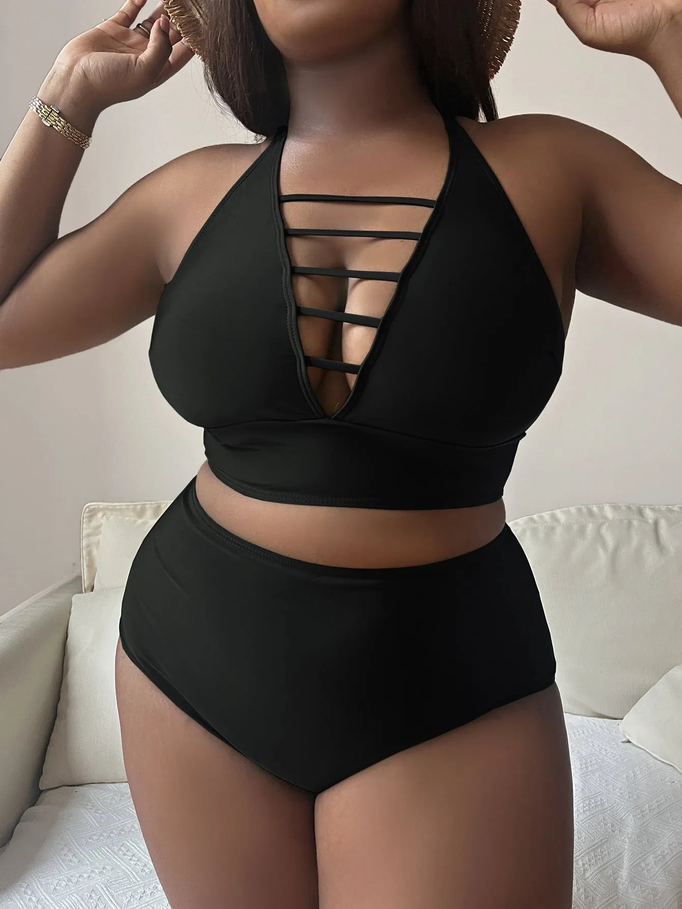 Plus size women's halter bikini set with adjustable cross straps and high waist briefs