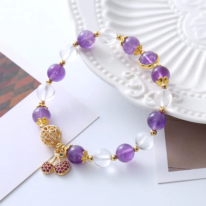 Purple crystal bracelet with amethyst cherry flower micro-inlaid design, handmade women's jewellery