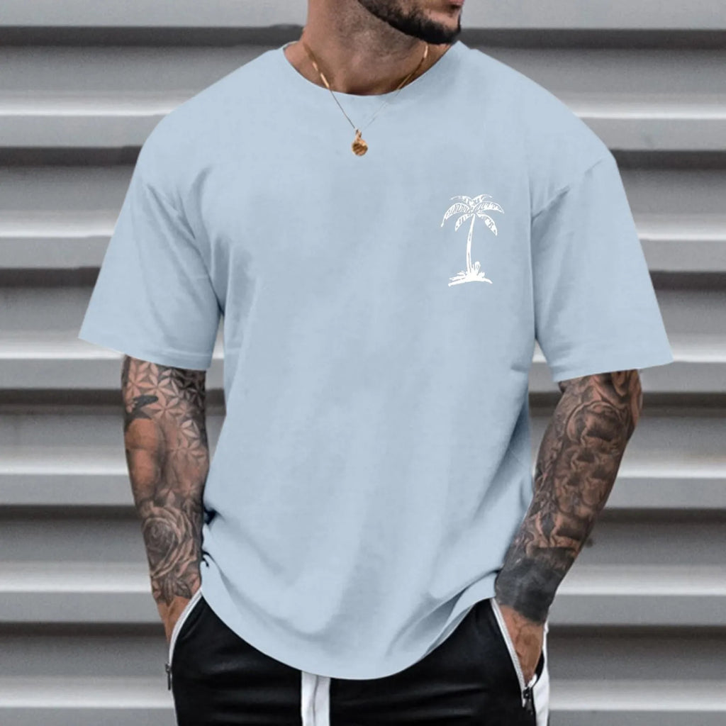 Men's round neck printed short sleeve T-shirt, loose pullover, polyester, sizes S to 6XL