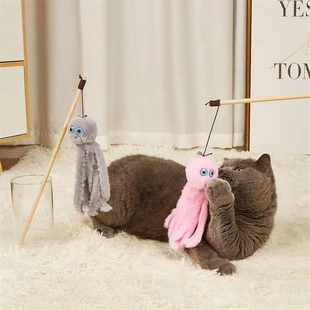 Octopus design cat toy with movable eyes on a long stick, shown in grey, pink, purple, or red.