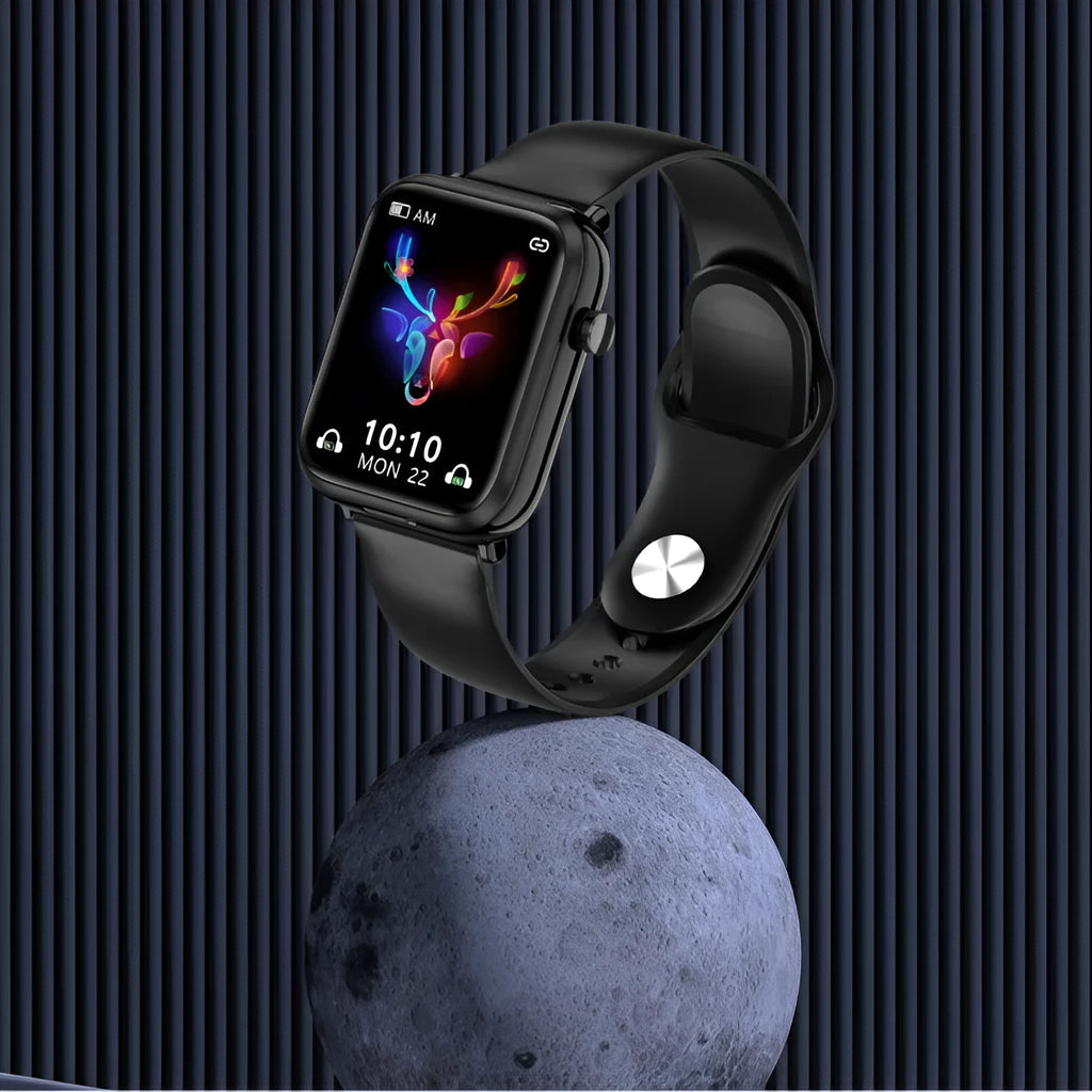 Black zinc alloy smartwatch with Bluetooth earpieces in charging case on a white background.