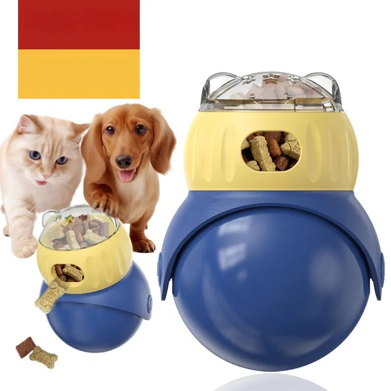 Morandi yellow and blue plastic owl-shaped tumbler cat toy with a food puzzle feeder.