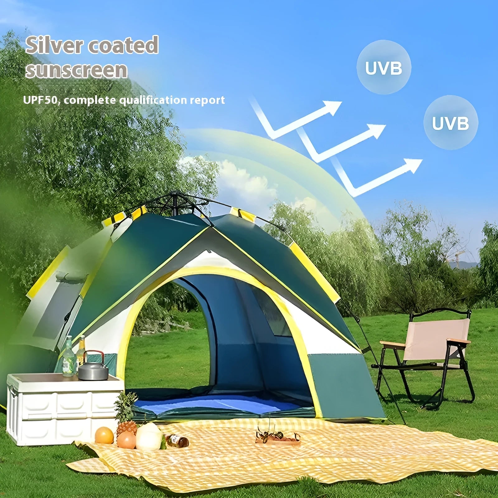 Dark green silver glue camping tent with automatic quick-opening system for 3-4 people