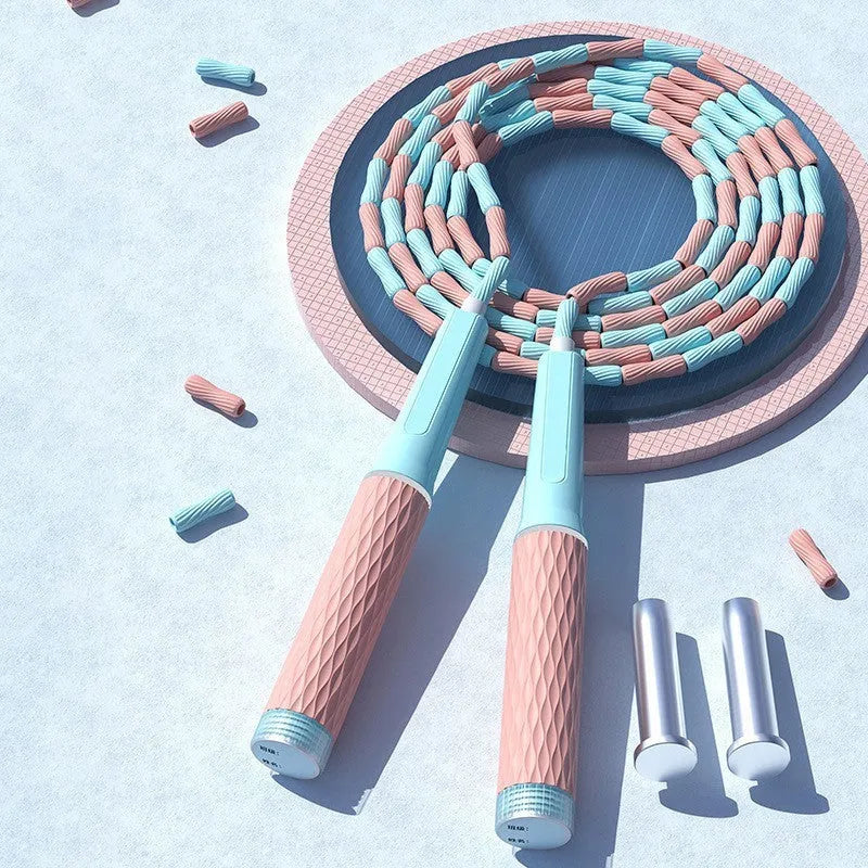 Bamboo bead skipping rope for children with soft PP beads in blue colour option