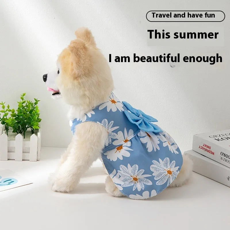 Lightweight pet dress with floral butterfly knot design and colourful bow accent