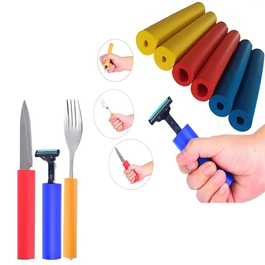 Pack of black rubber grip hoses for cutlery and pens showing inner and outer diameter.