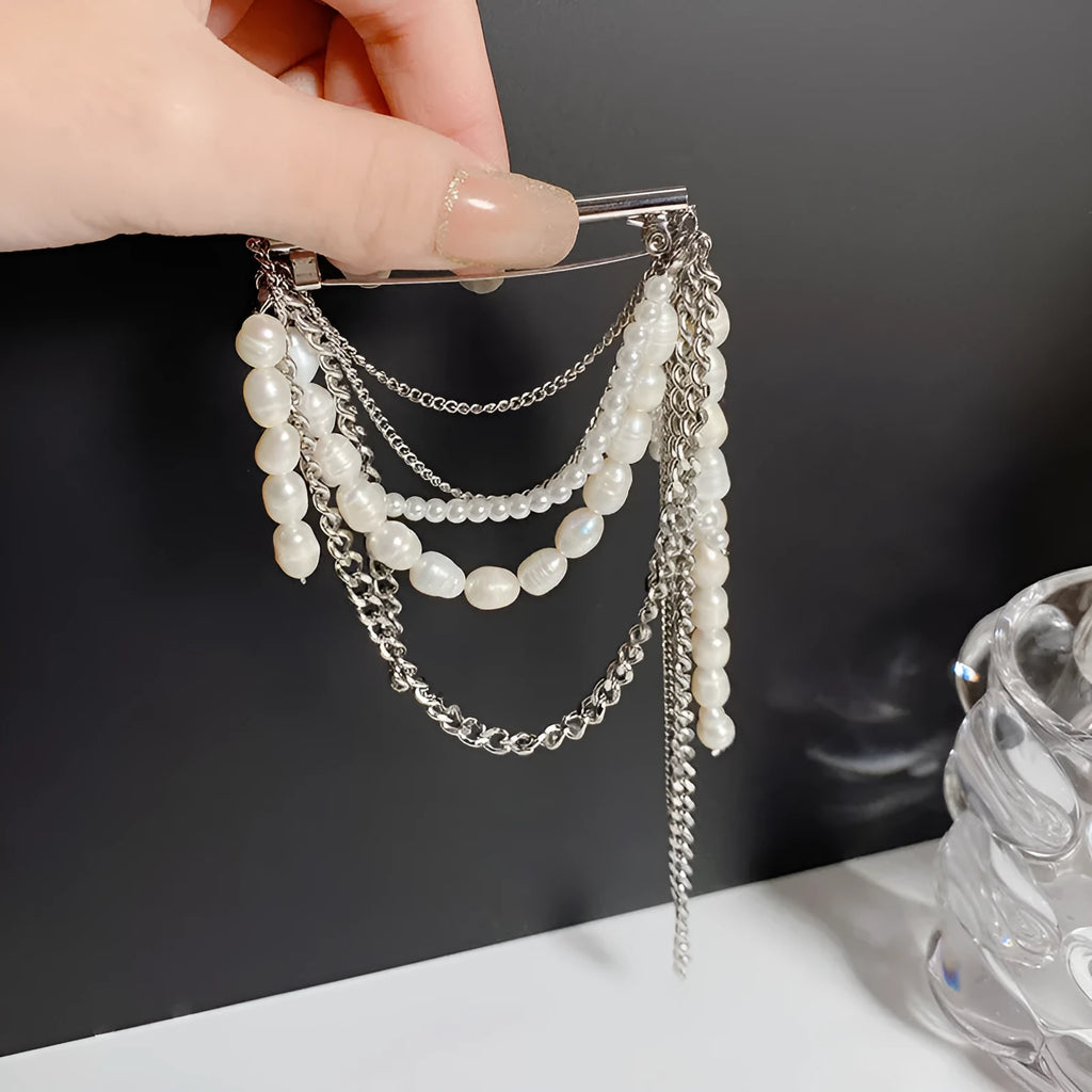 Korean style tassel pearl pin brooch electroplated alloy unisex decor gold tassel colour