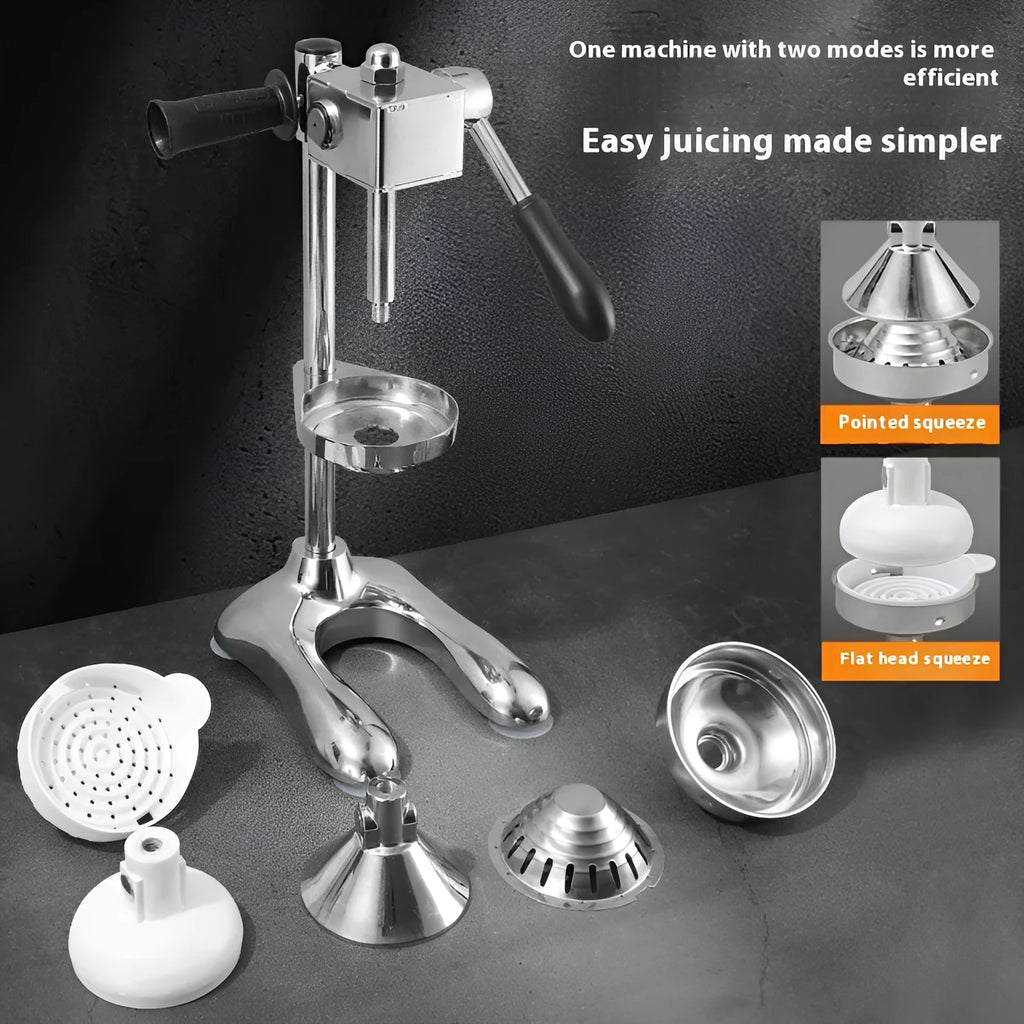 Vertical stainless steel manual citrus juicer in a choice of colours and head styles on a kitchen counter.