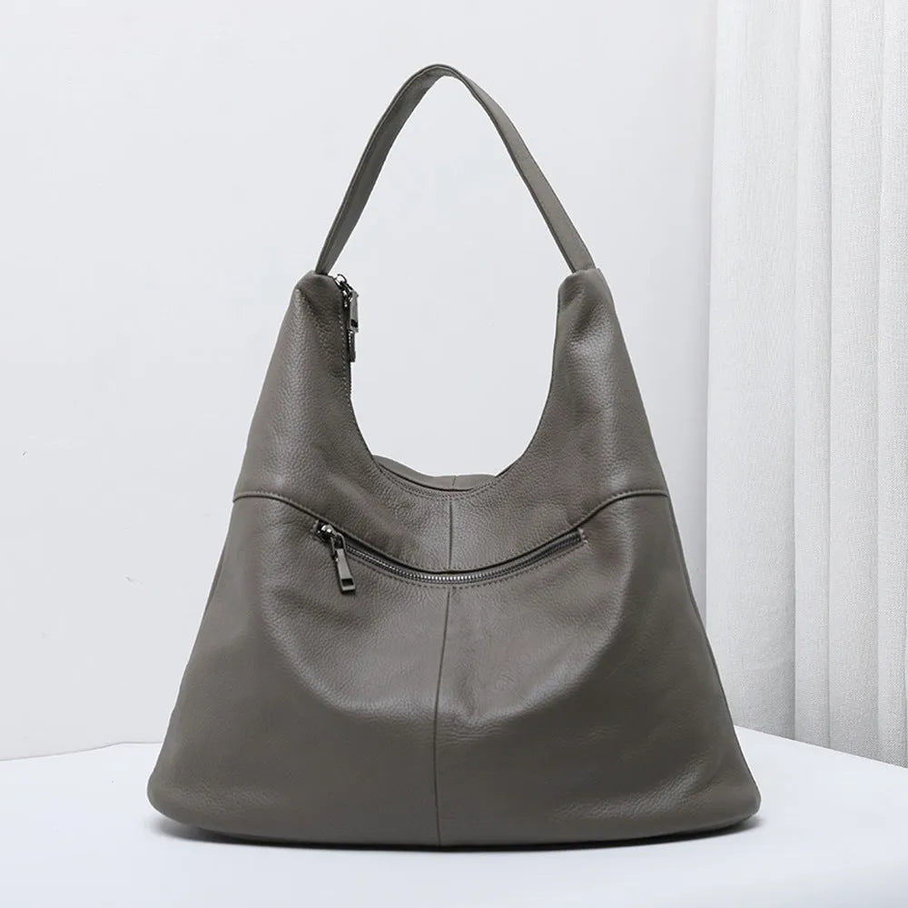 Large capacity soft first layer cowhide genuine leather bucket bag with zip pockets in black, coffee, khaki grey or dark blue